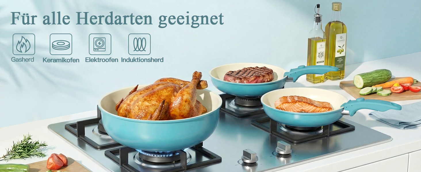 Набір посуду GiPP 11 предметів: сковорідки та каструлі з антипригарним покриттям, знімні ручки, сталевий, блакитний градієнт, для всіх типів плит, сумісний з духовкою