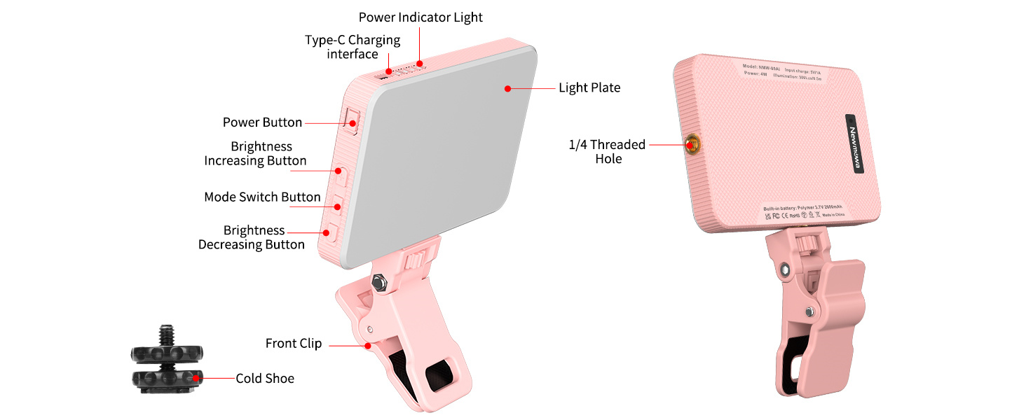 LED-відеолампа Newmowa NMW-80AI для селфі, TikTok, макіяжу та відеоконференцій (рожева)