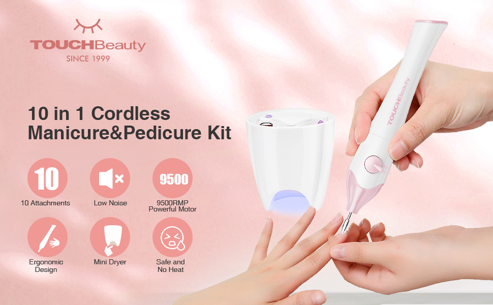 TOUCHBeauty Електричний фрезер для нігтів 5-в-1, бездротовий, манікюр/педикюр, UV LED сушарка, AG-1335C (Рожевий)