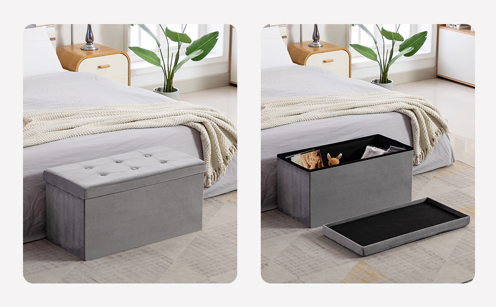 Складана оксамитова банкетка HNNHOME 110×40×40 см, сіра, пуф-оттоманка з кришкою для зберігання іграшок, для вітальні й спальні, екстравелика