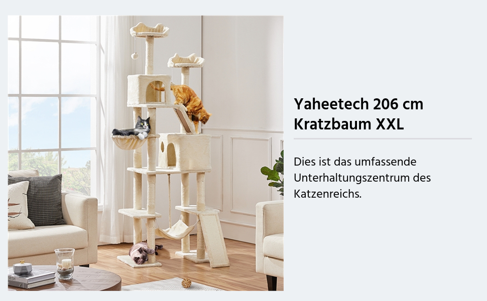 Кігтеточка для котів Yaheetech 206 см, велика, XXL, зі стабільною конструкцією, мотузка з сизалю, кошик, гамак (Бежевий)