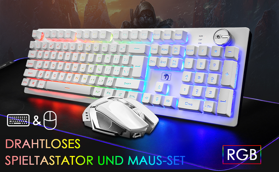 FELiCON Комбо-набір бездротової клавіатури та миші, 4800mAh, RGB LED-підсвічування, керування кнопками, ергономічний дизайн, 7 кольорів, чорний (K&M)