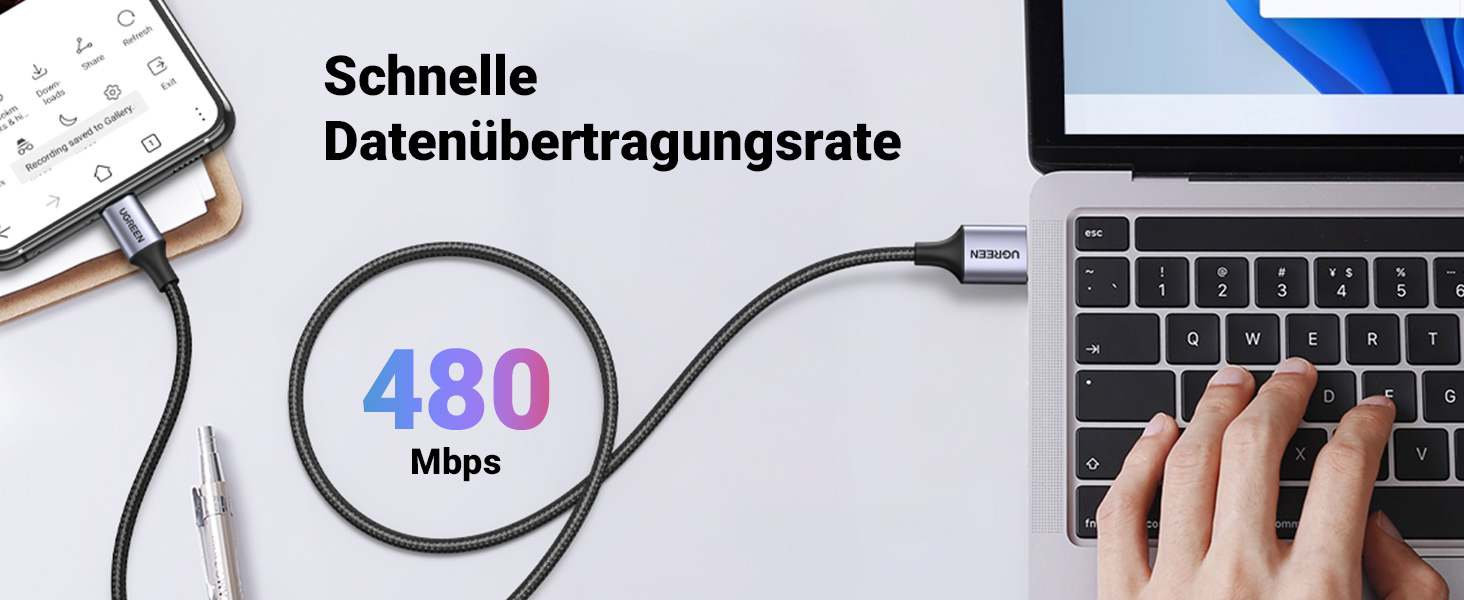 Кабель USB-C UGREEN 2 шт. (2M + 0.5M) нейлонова обплітання, сумісний з Samsung Galaxy S24 Ultra, S23, S22, iPhone 15 Pro, Pro Max