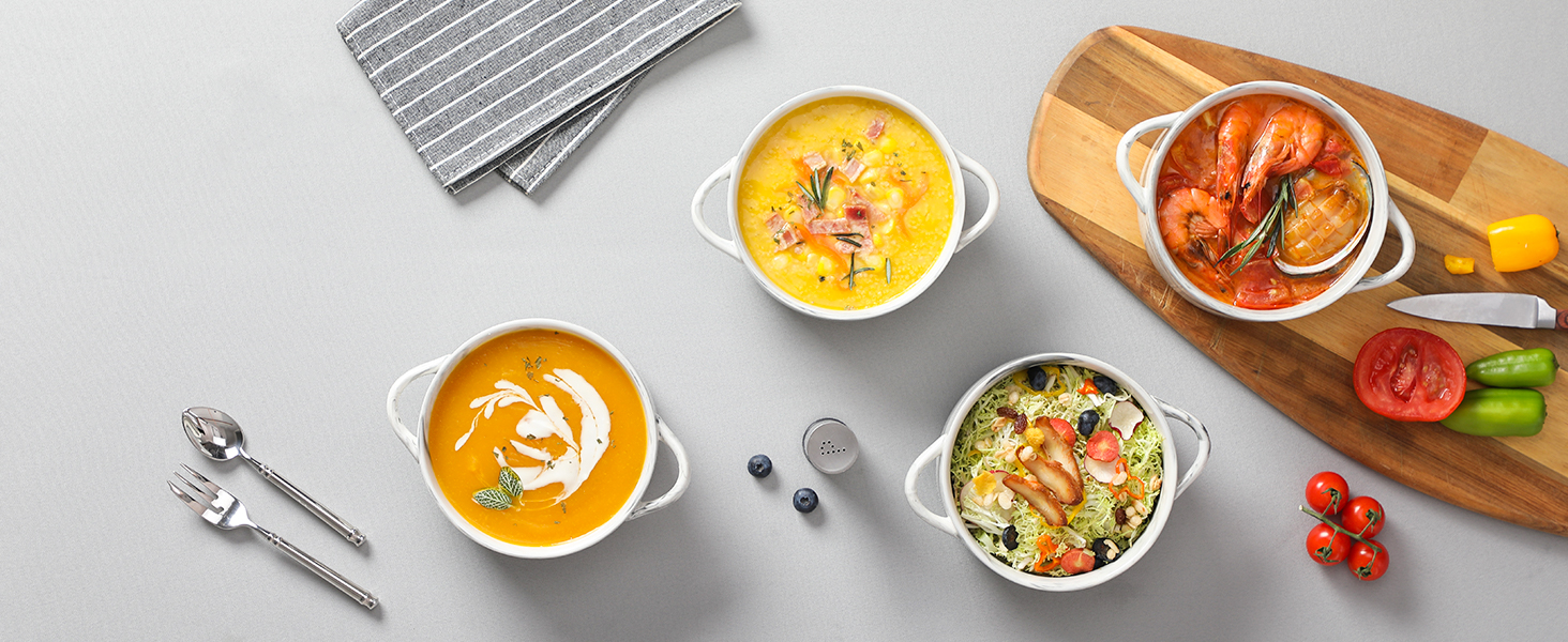 MALACASA Набір супових тарілок з ручками, 800 мл, порцеляна, 4 шт, серія Regular (сірий)