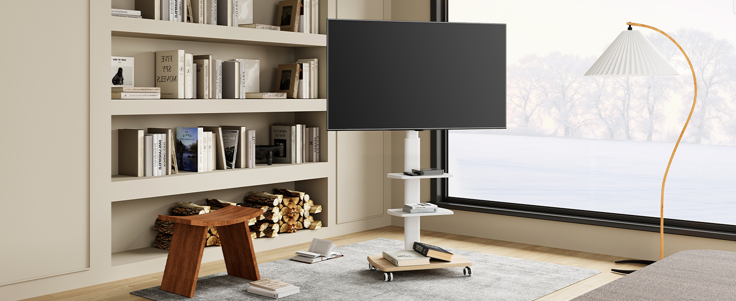 FITUEYES Rolling TV Stand with 3 Shelves - Mobile TV Stand for 32-70 Inch TVs up to 40kg, VESA 400x600, Adjustable & Swivel, White