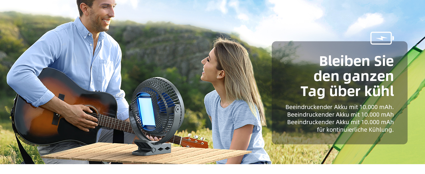 Вентилятор Koonie 10000 mAh з кліпсою, 20 см, портативний USB, акумуляторний, 4 швидкості, 360° оберт, тихий, для дому, офісу, дитячої коляски, кемпінгу, гроу-тента (блакитний)