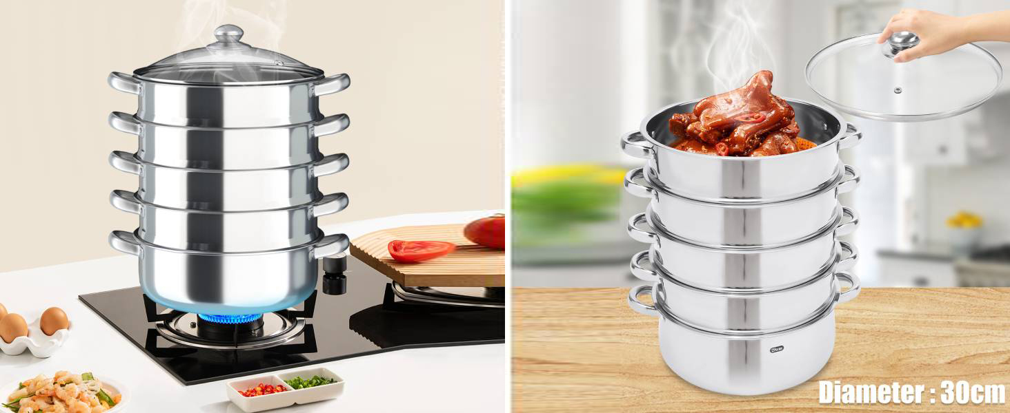 Нержавіюча каструля-пароварка з 5 шарами, велика пароварка для дому та комерційного використання, суповарка, пароварка (срібна, 30 см)