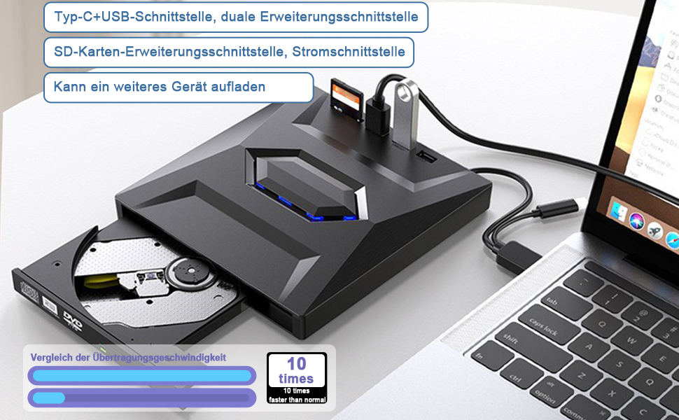 Зовнішній CD/DVD привід для ноутбука та ПК USB 3.0 & Type-C, DVD-RW записувач з картридером SD/TF та USB-хабом для Windows, Linux, Vista