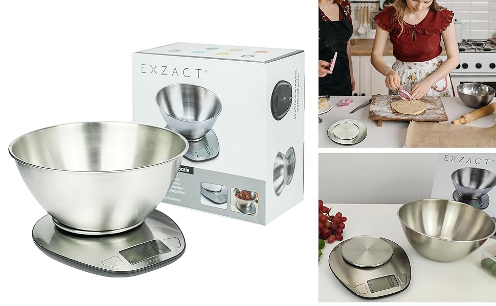 Кухонні ваги EXZACT EX4350 з нержавіючої сталі - електронні ваги з мискою для приготування та випікання, функція тарування, до 5 кг
