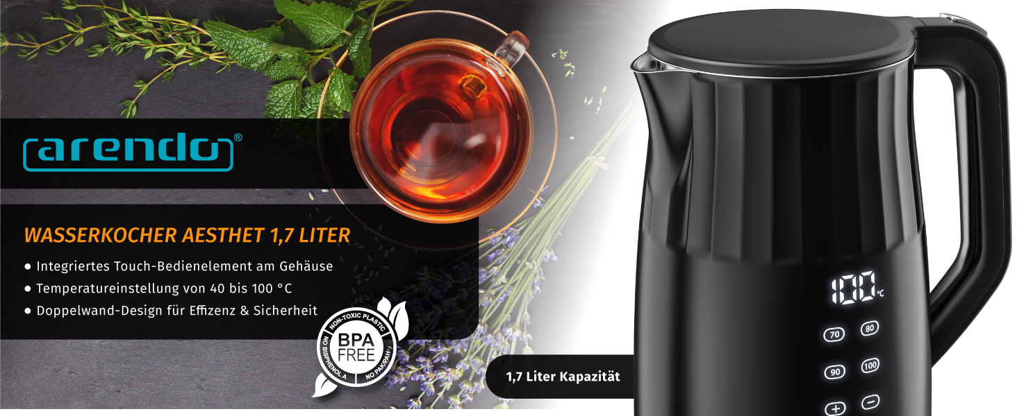 Електричний чайник Arendo з регулюванням температури, нержавіюча сталь, подвійні стінки Cool Touch, дисплей, бездротовий, 2200 Вт, 1,7 л, захист від перегріву, функція підтримання тепла, чорний