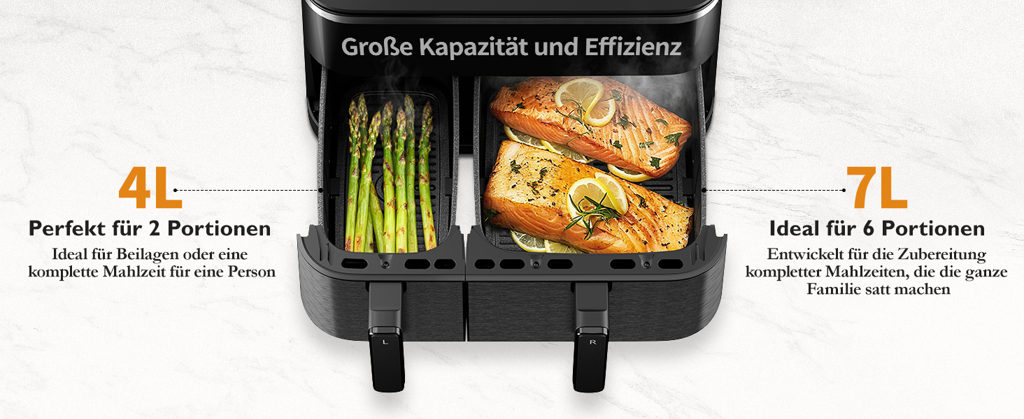 Електрична фритюрниця повітряна 11л, 2 камери з грилем, 10-в-1, без олії, з нагадуванням про струшування <60дБ, з антипригарним покриттям, 78 рецептів