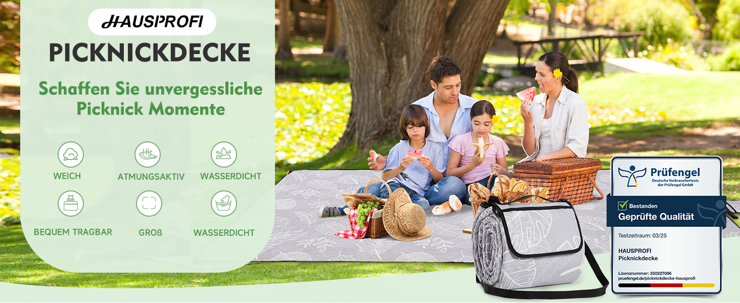 Плед для пікніка HAUSPROFI 200x300 см, водонепроникний, ізольований, XXL. Для пікніка, пляжу, кемпінгу. З бавовняним наповнювачем, ручкою для перенесення та кілочками. З миючим та стійким до деформації дизайном (листя)