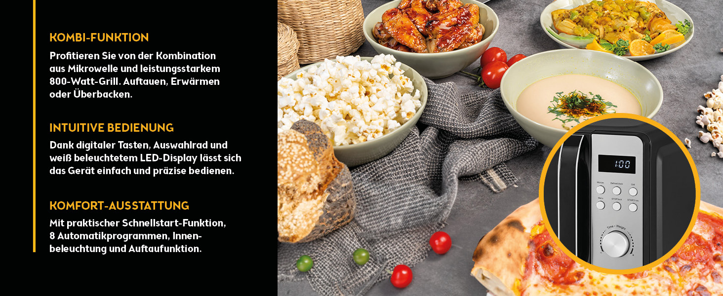 Мікрохвильова піч з грилем TZS First Austria 20L - 2-в-1, 700/800W, 8 програм, LED-дисплей, нержавіюча сталь, захист від дітей, чорний