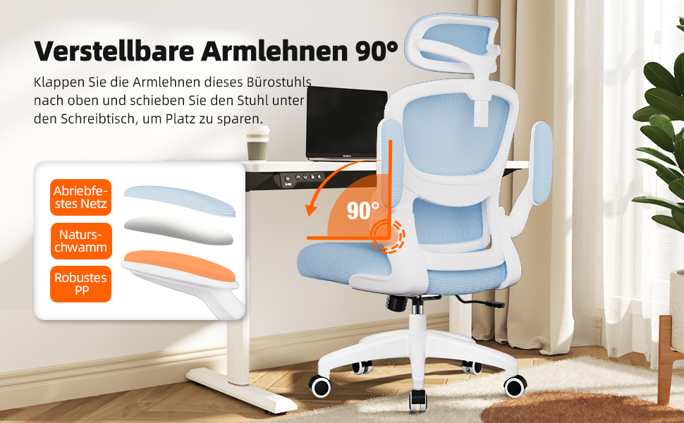 Ергономічне крісло для офісу з регульованою підголівником, підтримкою попереку та відкидними підлокітниками, крісло для начальника, 150 кг, функція гойдання до 135° (Блакитний, Модель 2)