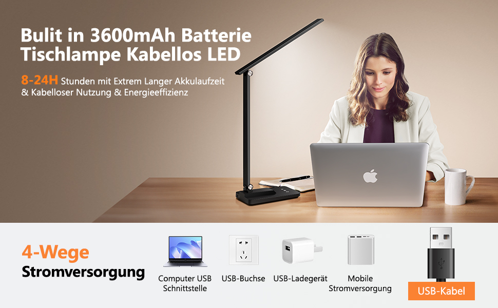 LED лампа настільна для дому та офісу, 15 режимів, денне світло, 1000LM, регулювання яскравості, 3600mAh, чорний колір