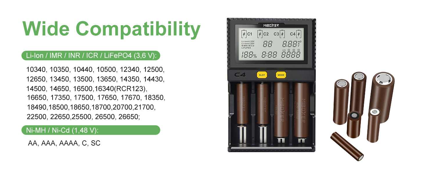 Зарядний пристрій для акумуляторів AUKSKY з LCD-дисплеєм (8 слотів) - універсальна зарядка для NI-MH, NI-Cd, AA, AAA, 14500, 18350, 21700, 26650, Li-Ion, LiFePO4, RCR123A (1.5A, 4 порти)