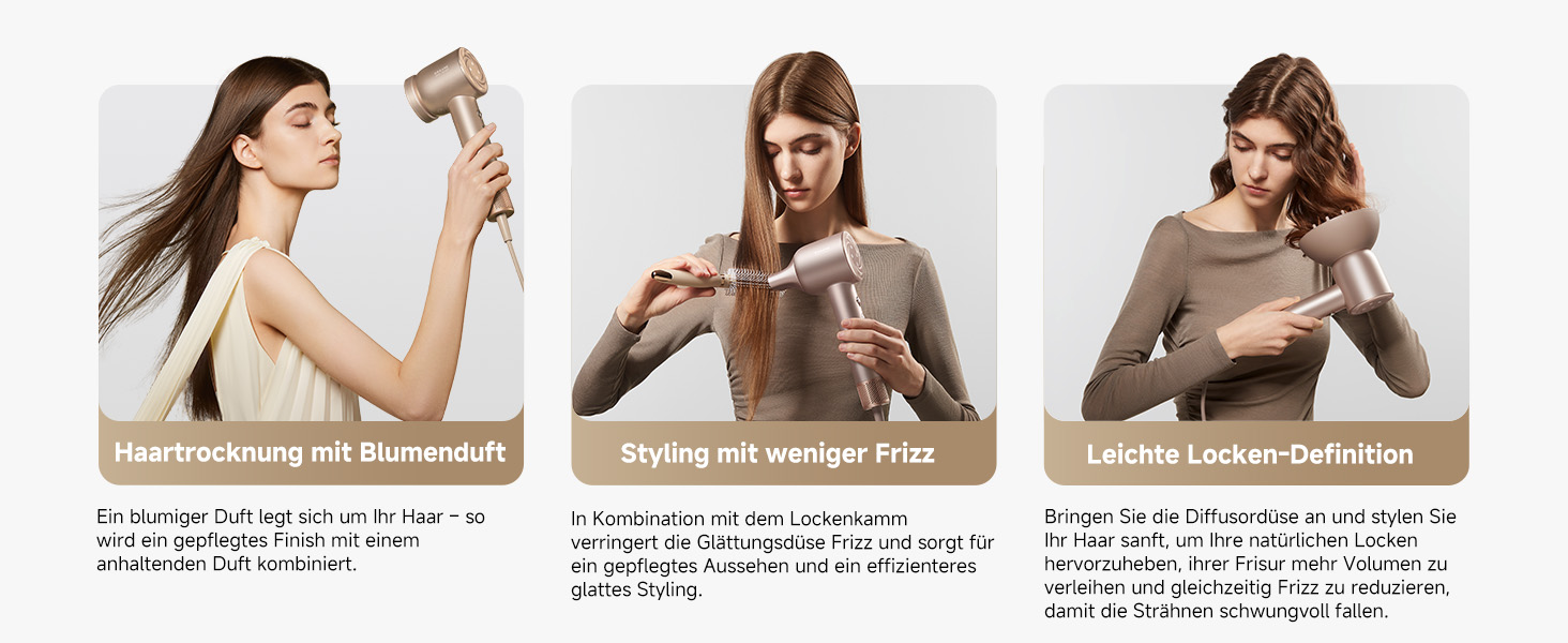 Фен DREAME Hair: Швидке сушіння, 110 000 обертів/хв, іонізація, регулювання температури та потужності, насадки, тиха робота, білий (золотий, Glory Mix)