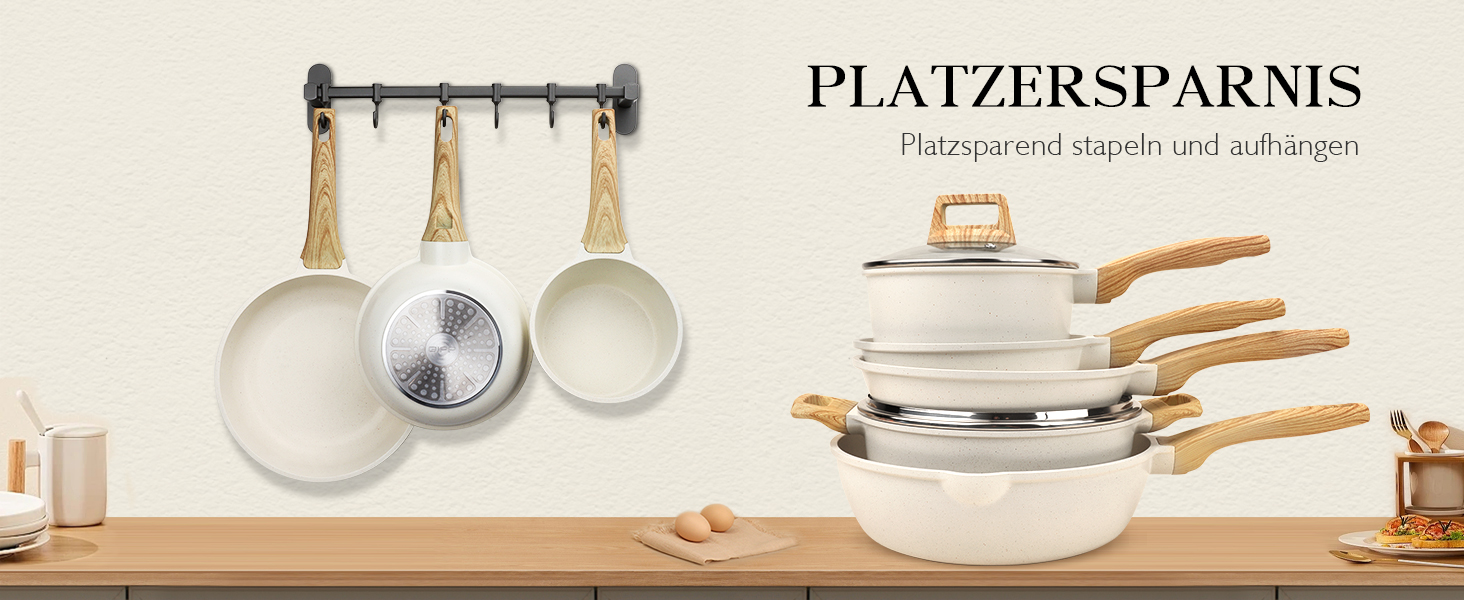 Набір посуду GiPP 10 предметів: каструлі та сковороди з гранітним покриттям, білий. Підходить для всіх типів плит, включаючи індукційні. У комплекті лопатка та ложка.