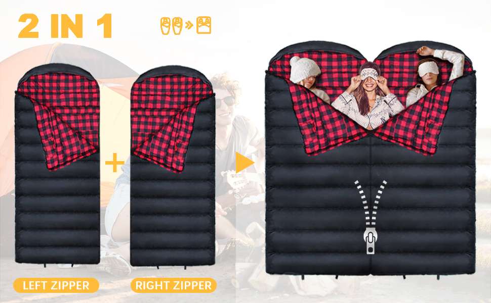 Сплячий мішок Outdoor Winter для дорослих, Extra Wide, 3-4 сезони, XXL, теплий бавовняний фланелевий ковдровий спальний мішок для кемпінгу, походів, пригод, 230 * 100CM, червоний, L-Zip, 0℃