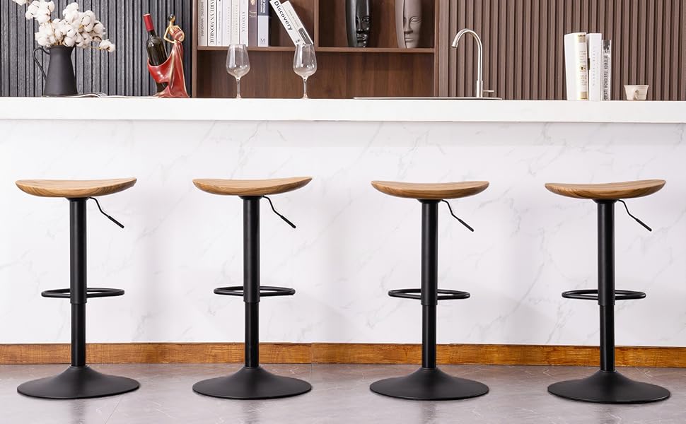 Kidol Adjustable Height Bar Stools 2-Pack - 360° Swivel, Round Wooden Seat, Metal Frame, for Kitchen/Bar/Living Room (Brown)