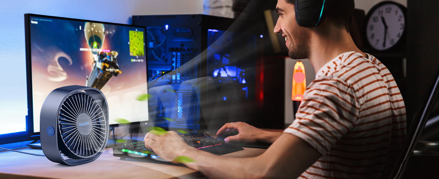 EasyAcc USB вентилятор: мініатюрний, тихий, настільний, 3 швидкості, 360° оберт, для офісу, дому. 2 роки гарантії (Marineblau, прямокутний)