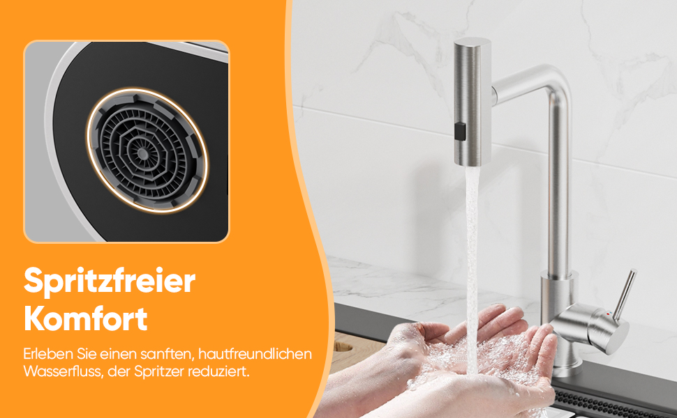 Кухонний змішувач BESy з 3 режимами струменя, висувна лійка, водоспад, поворотний на 360°, з нержавіючої сталі SUS304, для кухні