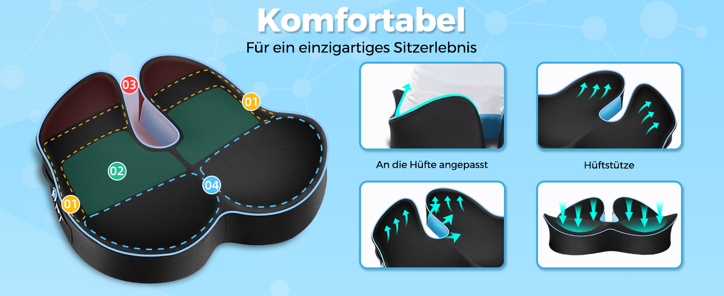 Подушка для сидіння POOTACK з memory foam - для офісного крісла, автосидіння та дому, м'яка підтримка спини, дихаючий чохол, блакитно-чорний