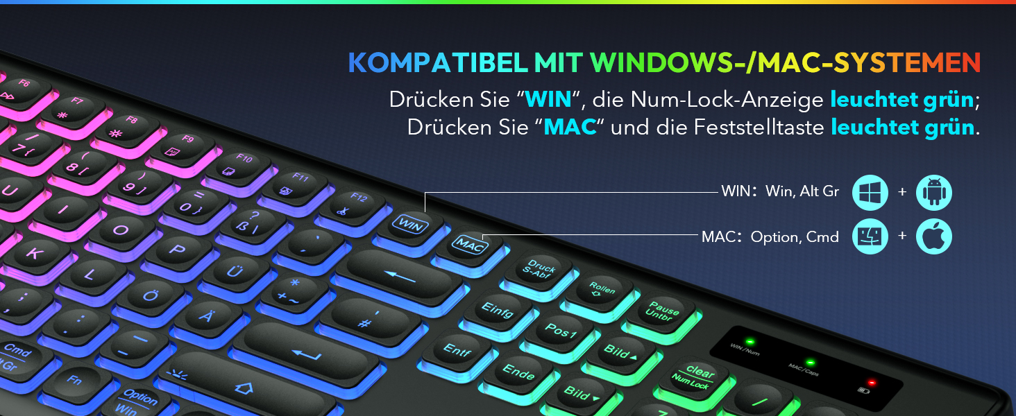 Бездротова клавіатура та миша з підсвічуванням, USB-C, тиха, для Mac/Windows/PC/Laptop, QWERTY (Чорний)