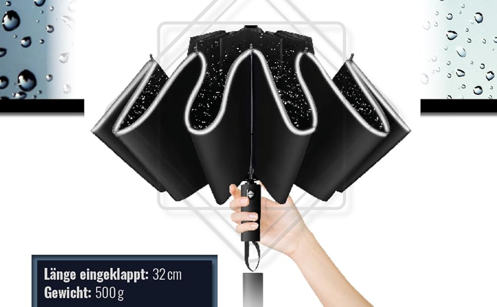 Стійка до вітру парасолька – надміцна з 12 спицями. Зручне складання без крапель – компактний, для жінок та чоловіків. Автоматичне відкриття – світловідбиваючі елементи на краю.