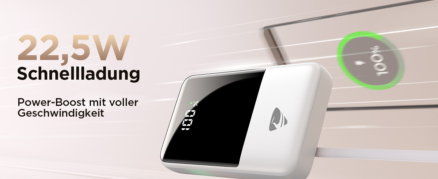 Power Bank 20000mAh з вбудованим кабелем, швидка зарядка 22,5W, USB-C, LED-дисплей, для iPhone 17 16 15 14 13 12 11, білий, 20000mAh