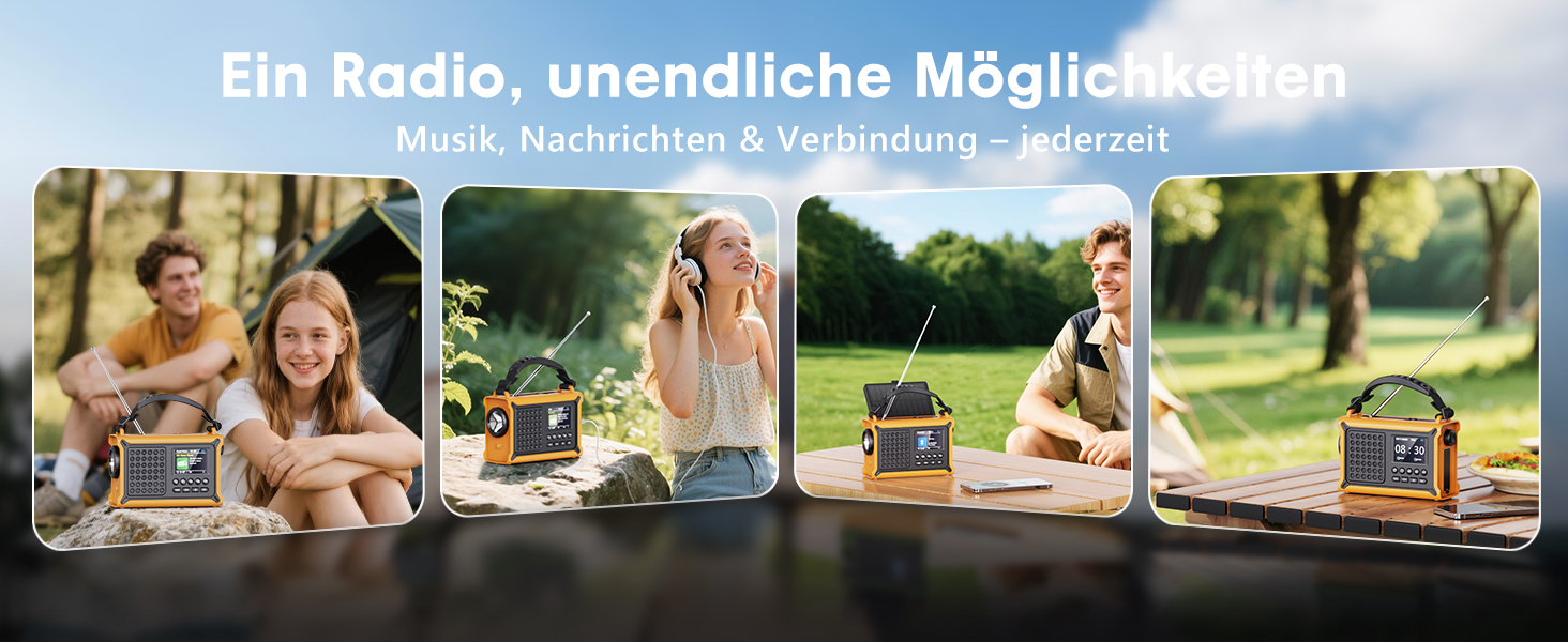 ROCAM Радіоприймач на ручку DAB+/UKW, портативне аварійне радіо з сонячною панеллю 8500 мм² та ручкою 650mA, цифрове радіо з Bluetooth, 2.4' кольоровий дисплей, 80 станцій, SOS, LED ліхтарик, USB, IPX6 для кемпінгу (Жовтий)