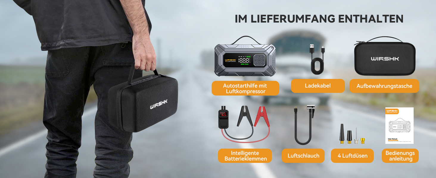 Портативний пусковий пристрій 8000A з повітряним компресором 160 PSI для бензинових та дизельних двигунів (до 10 л), з дисплеєм та аварійною світлодіодною лампою