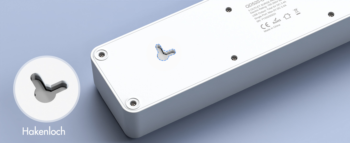 Многорозеткова смуга з 5 розеток та 4 USB-портами швидкої зарядки, KEPLUG, захист від перенапруги, індивідуальне вмикання/вимикання, плоский штекер, настінний монтаж, для офісу, кухні, столу, білий