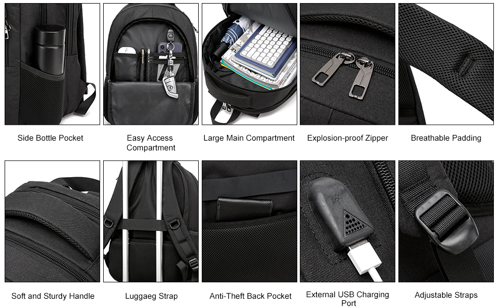 Рюкзак BIKROD для чоловіків та жінок, шкільний рюкзак для хлопчиків та дівчаток-підлітків, водонепроникний, з USB-портом для зарядки, антикрадійний, для роботи та подорожей, вміщує ноутбук 15.6 дюймів (Чорний)