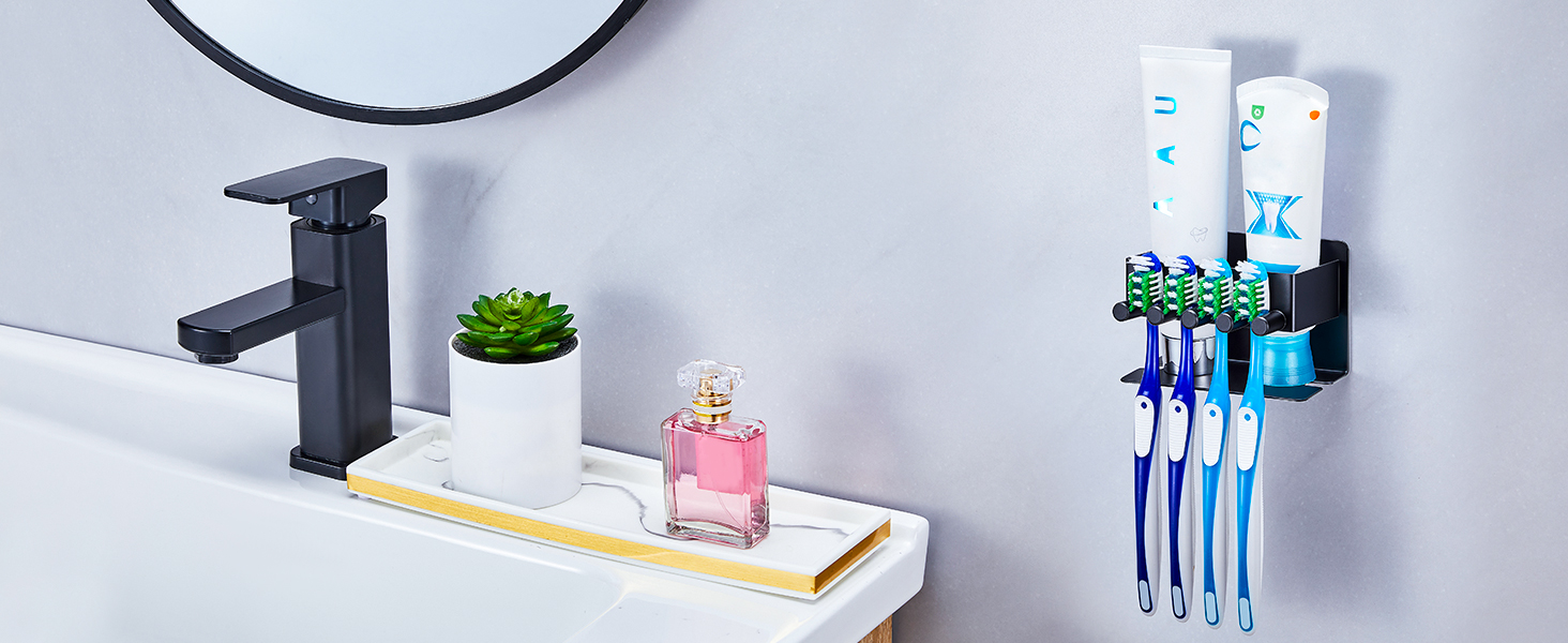 Настінний тримач для зубних щіток GGQ, для електричних та звичайних щіток, без свердління, самоклеючий, з органайзером для пасти, чорний