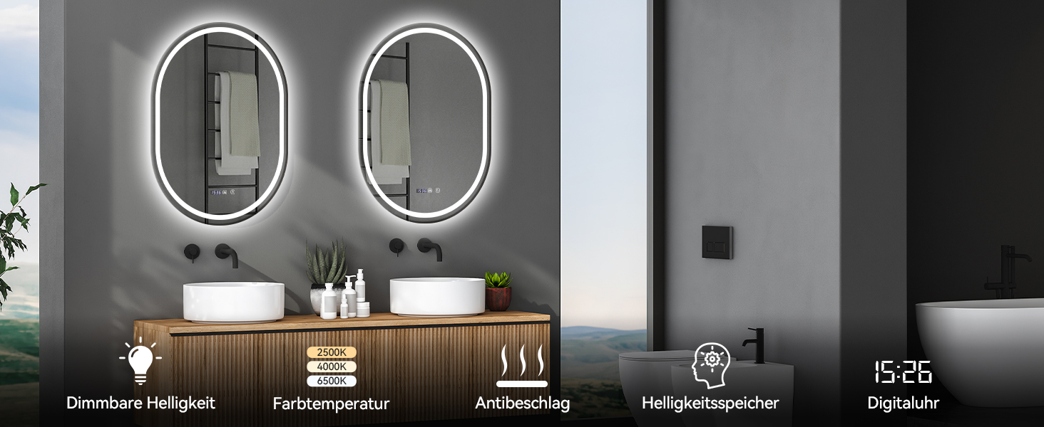 Дзеркало для ванної кімнати YOURLITE з підсвічуванням, 60 см, LED, сенсорне керування, 3 кольори світла, регулювання яскравості, антизапар, пам'ять, годинник, овальне, білий