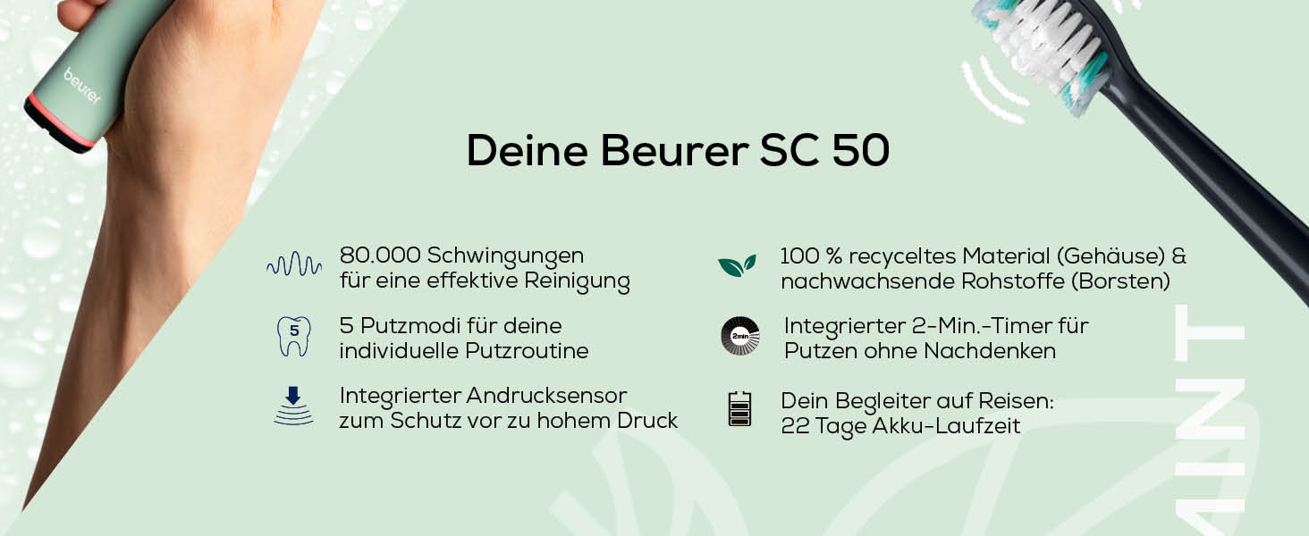 Звукова електрична зубна щітка Beurer SC 50 з 5 режимами чищення, датчиком тиску, дисплеєм таймера та 2 насадками (м'ята)