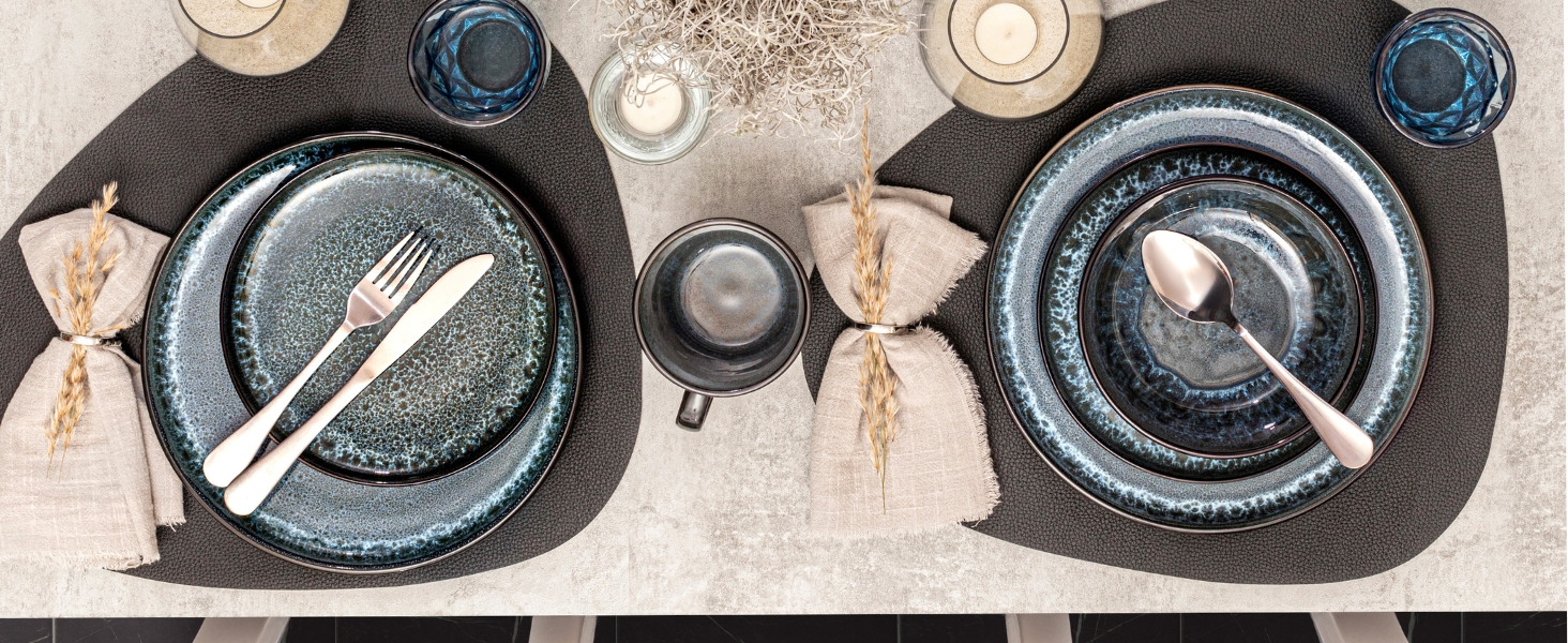 Набір посуду SÄNGER Manila 24 частини: 6 тарілок, 6 сніданок, 6 глибоких тарілок, 6 мисок для пасти, блакитний з чорним обідком, кераміка для 6 осіб