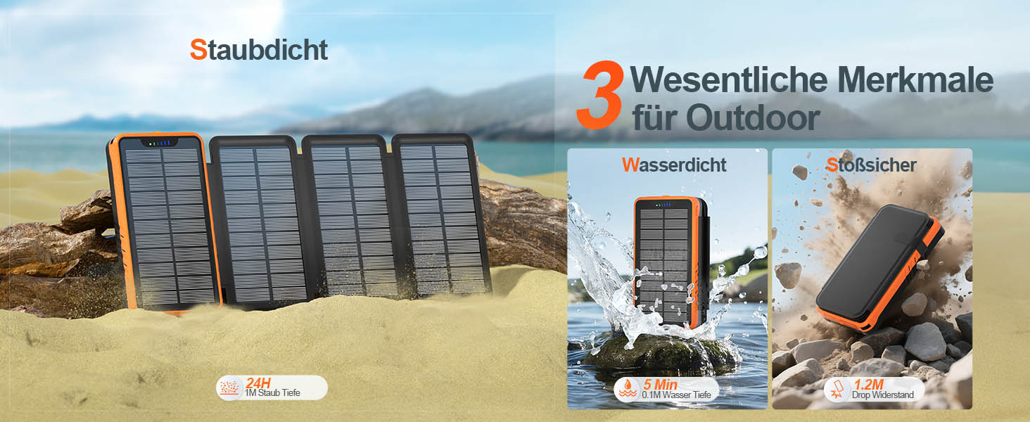 Сонячний павербанк 26800mAh elzle з 2 USB-A виходами та 1 USB-C входом, вологостійкий зовнішній акумулятор з 4 сонячними панелями та ліхтариком для смартфонів, планшетів, кемпінгу, чорний