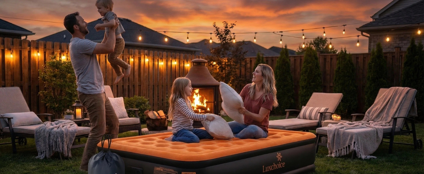 Надувний матрац Luftbett 2-місний з електронасосом, 203x152x40 см, до 300 кг, помаранчевий