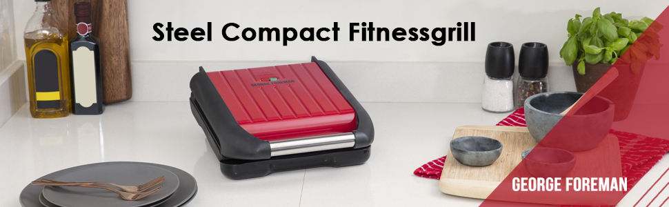 George Foreman Compact Steel Grill & Panini Press - 24x17cm - 3 Portions - Reduces Up to 42% Fat