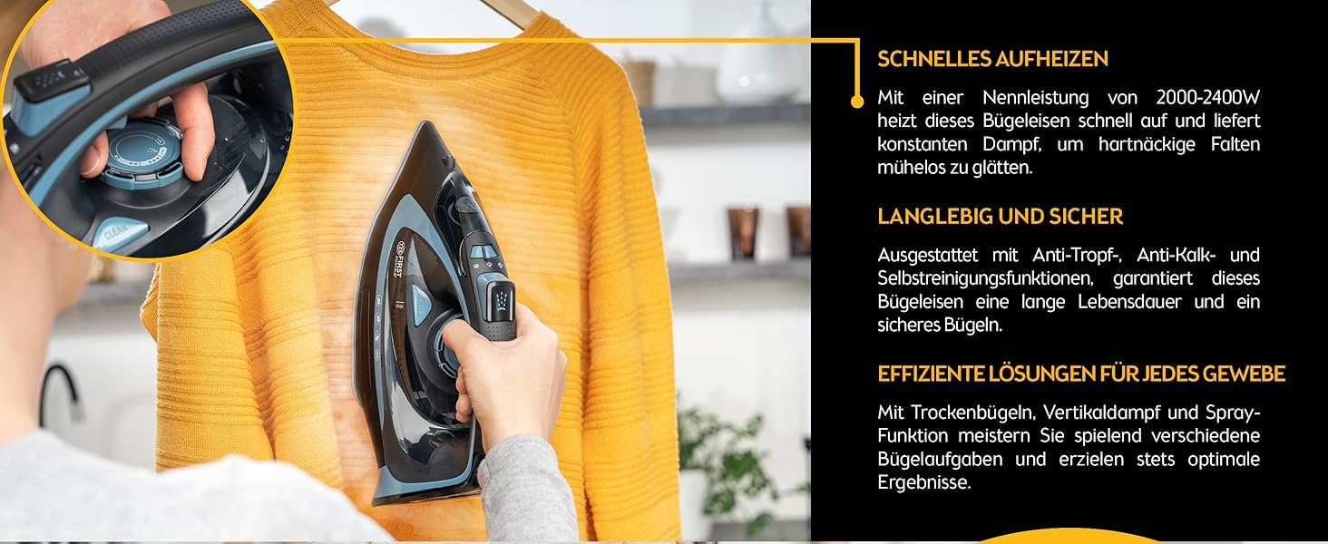 Відпарювач для одягу TZS First Austria 2400W бездротовий з базою, 450 мл, керамічна підошва, регулювання температури та подачі пари, функція вертикального відпарювання, чорно-синій