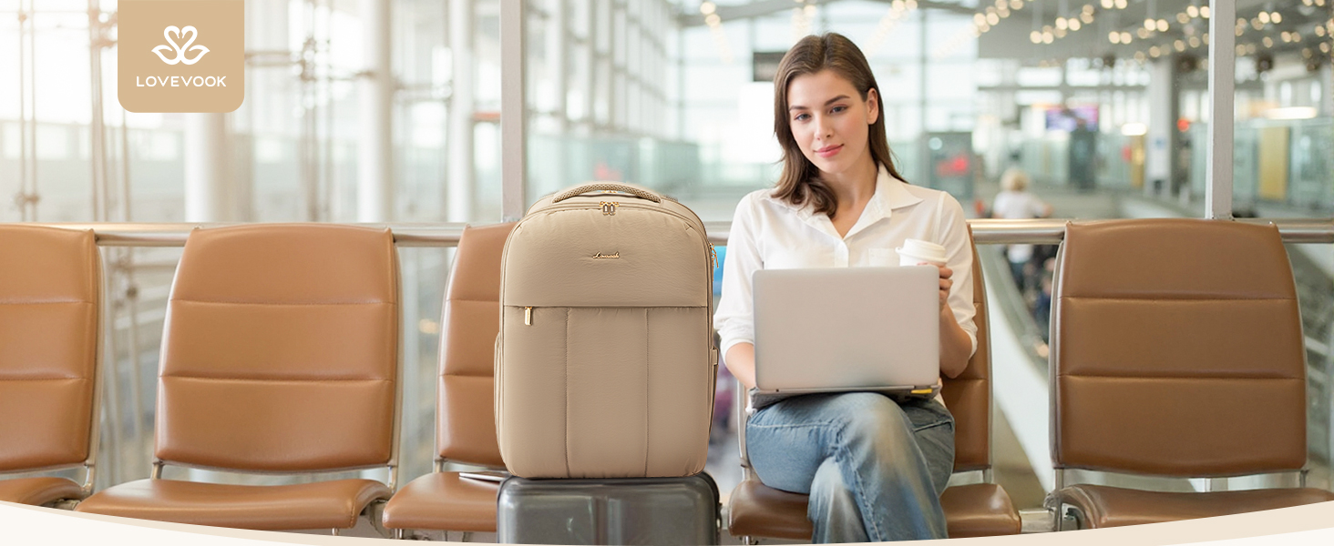 Рюкзак LOVEVOOK для жінок, 40L, ручна поклажа, для подорожей, з відділенням для взуття та ноутбука 17 дюймів, водонепроникний, для бізнес-поїздок та відпочинку, бежевий