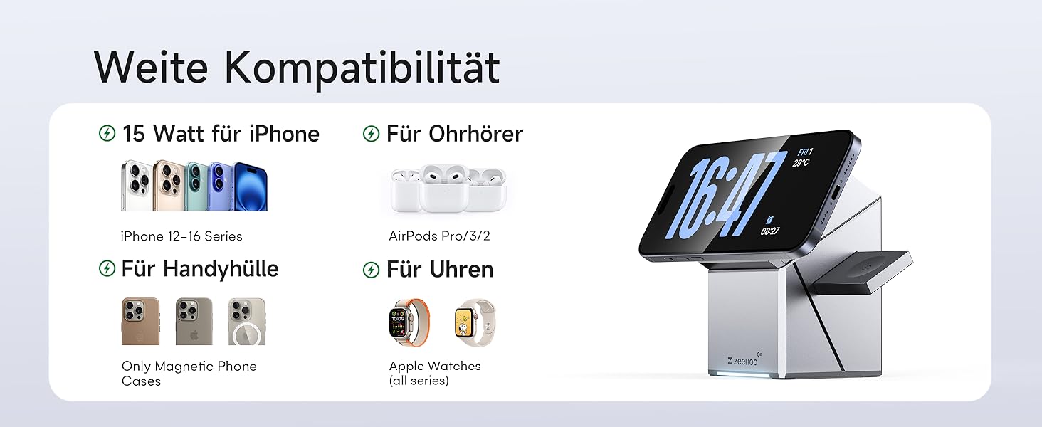 ZEEHOO 3-в-1 зарядний станція для Apple MagSafe: зарядка для iPhone, Apple Watch та AirPods (30W USB-C), сірий