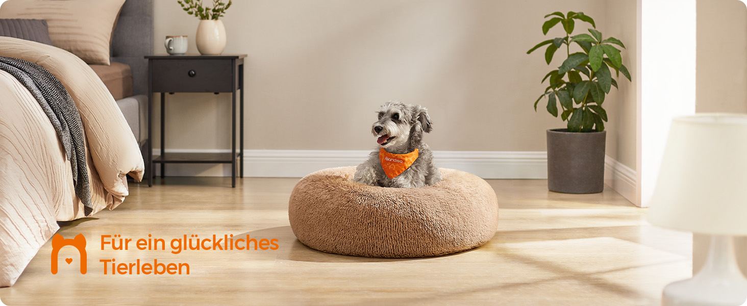 Крісло-лежанка для собак та котів Feandrea, м'яке, у вигляді подушки-донуту, 60 см, Ombré-Grey, знімний наповнювач, довгий плюш, 70x70x20 см, верблюжий колір