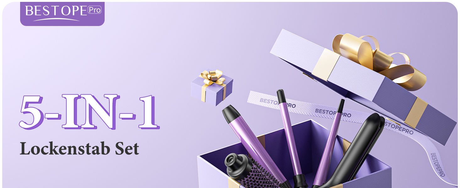 BESTOPE PRO Локкенстаб: Набір для створення локонів 5 в 1 з плойкою, термощіткою, 3 локкенстабами (9мм-25мм) для великих локонів, 13 температур, керлер для волосся з термозахисним покриттям, рукавичка, затискач, колір Nordlicht Lila