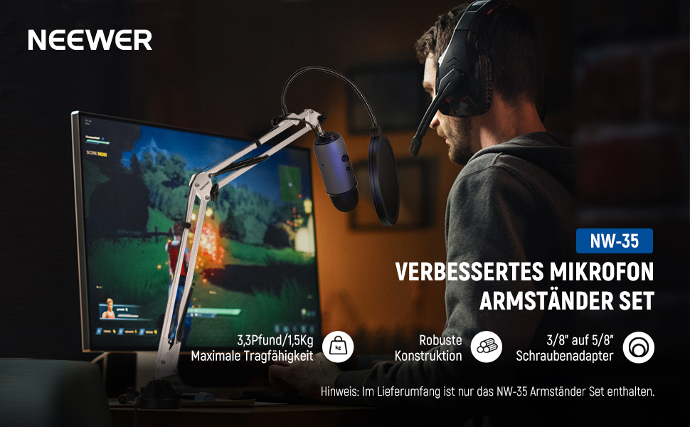 Тримач для мікрофону Neewer NW-35, підвіс Boom Schere, штатив з гвинтовою різьбою 3/8' - 5/8', сумісний з Blue Yeti, Quadcast та іншими мікрофонами, максимальне навантаження 1.5 кг