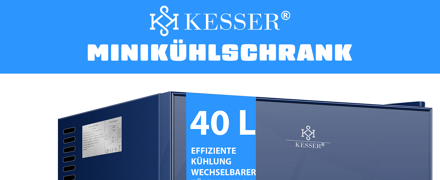 Міні-холодильник KESSER® 40L з скляною дверцятами: ідеальний для кемпінгу, офісу, спальні, готелю, кухні. Безшумний, з можливістю зміни напрямку відкривання дверцят, внутрішня підсвітка та відкривачка для пляшок. Чорний колір.