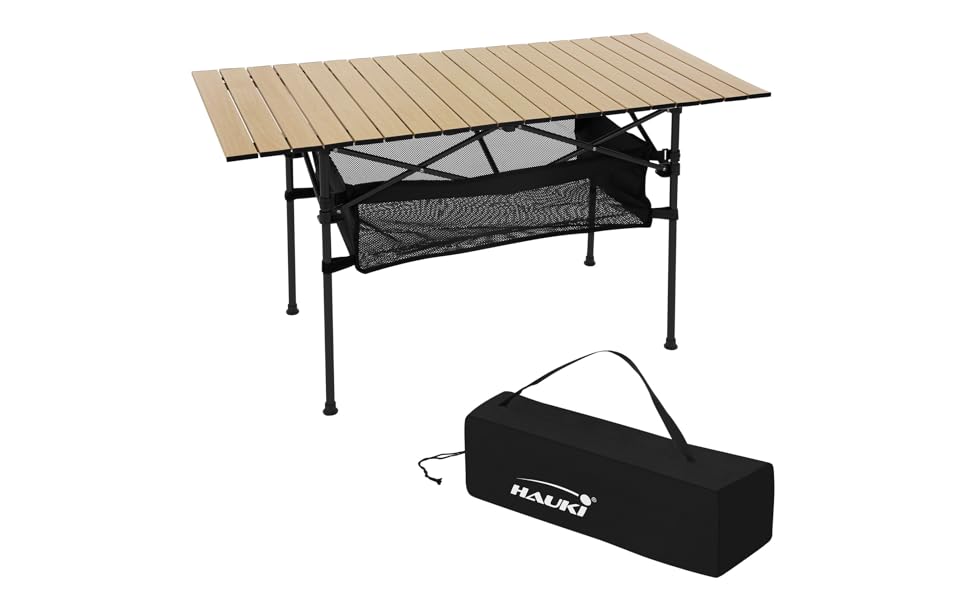 Стіл для кемпінгу Hauki, розкладний, коричневий, 118 x 55 x 64,5 см, алюмінієвий, з рулоючою стільницею, для відпочинку на природі, саду, балкону, подорожей, ринку, з сумкою (Бежевий (світле дерево))