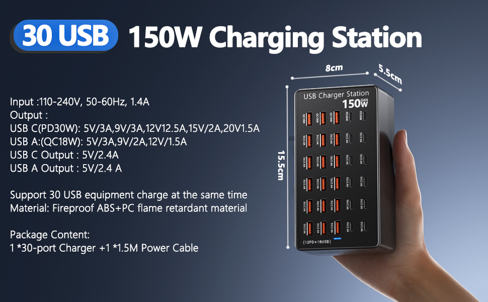 USB-станція зарядки 30 портів 150W USB-C, хаб для iPhone/Samsung/Pixel/планшетів. Мережевий адаптер живлення